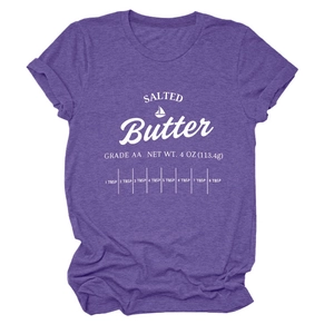 Detail of purple cotton T-shirt featuring Salted Butter Grade AA graphic print