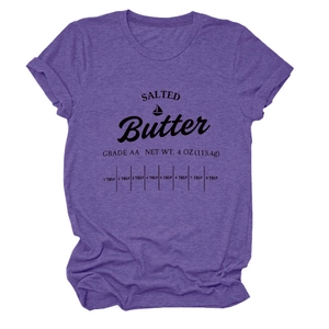 Detail of purple heather fabric T-shirt featuring salted butter graphic and measurement scale