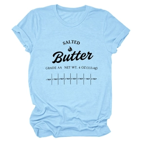 Light blue crew neck t-shirt with creative salted butter graphic and cooking scale