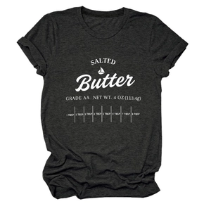 Close-up of salted butter grade AA graphic printed on dark gray cotton short sleeve t-shirt