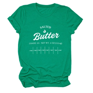 Detail of green cotton T-shirt featuring Salted Butter graphic and measurement markings