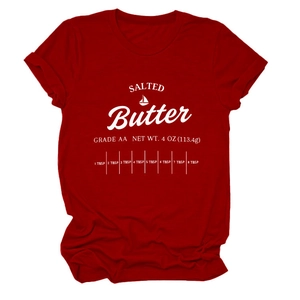 Detail of dark red cotton T-shirt featuring white salted butter graphic and grade AA text