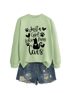 Detail of light green cat lover sweatshirt with Just a Girl Who Loves Cats print