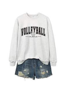 Light grey volleyball mama sweatshirt with distressed denim shorts casual outfit set
