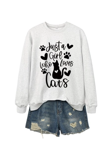 Detail of grey sweatshirt showing Just a Girl Who Loves Cats print and size S label
