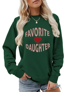 Dark green crewneck sweatshirt with pink Favorite Daughter text and red heart detail