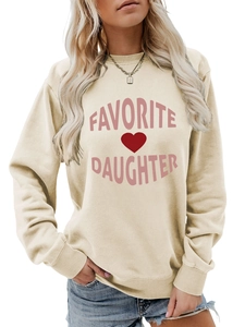 Detail of beige crewneck sweatshirt with red Favorite Daughter heart print and ribbed neck