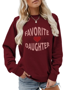 Close-up of Maroon long sleeve crewneck sweatshirt featuring Favorite Daughter heart print