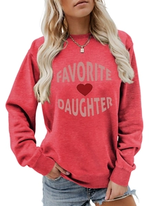 Detail of red crewneck sweatshirt with Favorite Daughter text and heart print