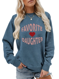 Detail of blue crewneck sweatshirt with pink Favorite Daughter and red heart print