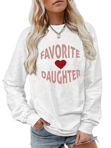 Detail of red Favorite Daughter text and heart print on gray crewneck sweatshirt