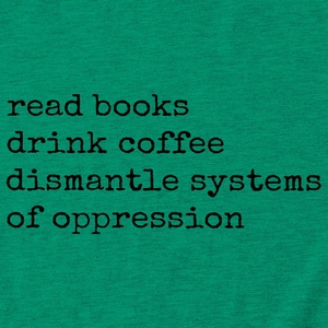 Detail of green knit fabric with black printed quote about reading and coffee
