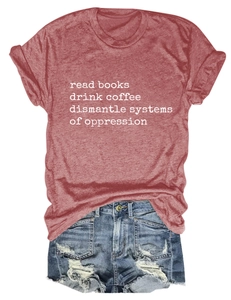 Detail of red heather T-shirt with 'Read Books' print and ripped denim shorts