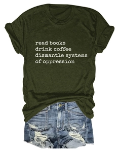 Detail of olive green t-shirt with read books drink coffee print and denim shorts