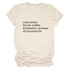Detail of beige cotton T-shirt featuring 'read books drink coffee' slogan print