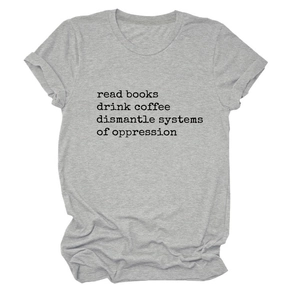 Detail of grey crewneck tee featuring 'read books, drink coffee' printed text design