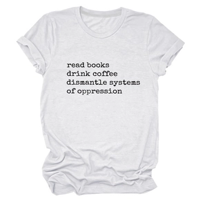 Detail of white cotton T-shirt with black typewriter font print and rolled cuff design