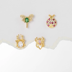 Delicate insect stud earrings with spider and dragonfly designs in gold stainless steel