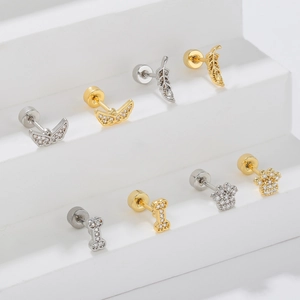 Small Cubic Zirconia Cartilage Stud Earrings With Stainless Steel Post Copper Gold Plated Paw Feather Bone Wings Earrings
