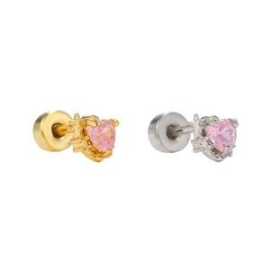 Minimalist heart-shaped zircon stud earrings with gold and silver star detail