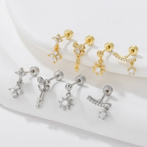 Exquisite 18k gold plated star and clover screw-back studs with cubic zirconia