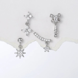 Exquisite 18k gold plated four-piece silver earring set with zircons and star shapes