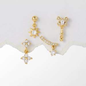 Exquisite 18k gold plated earrings featuring starburst, bow, and clover designs with zircon