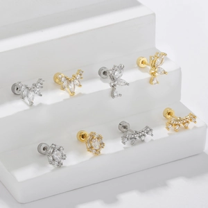 Butterfly and crown stainless steel stud earrings set with sparkling zircon stones