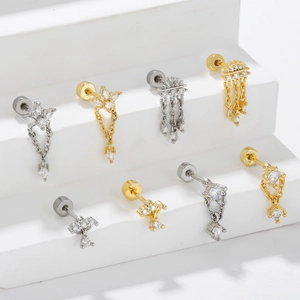Set of 8 gold and silver 18k plated earrings with sparkling zircon and chain tassels