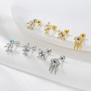 Stainless steel evil eye and star stud earrings set with blue zircon and screw back