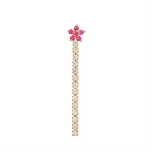 Detail of pink floral petal stud with long linear drop clear zircon tassel in gold setting