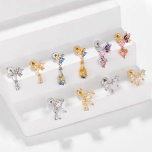 Various butterfly and star pendant stud earrings with colorful zircon inlays for women