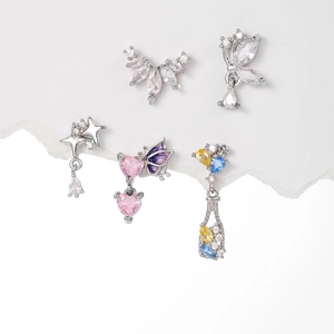 Five butterfly and star stainless steel stud earrings set with colorful zircon stones
