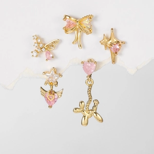 18K Vergoldete Kupfer Rosa Zirkon Schleife Schmetterling Herz Ballon Hund Ohrstecker Edelstahl Stift Damen Schmuck