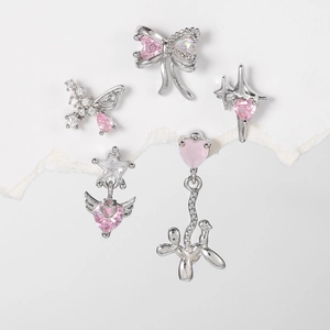 Fünfteiliges silbernes Schmuckset mit rosa Schmetterling, Schleife und Herzanhänger