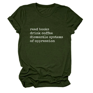 Close-up of olive green t-shirt fabric detail with white typewriter text print