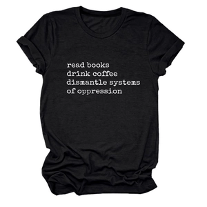Detail of rolled cuffs and white printed text on a black cotton crewneck t-shirt