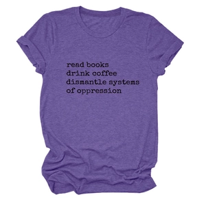 Detail of purple cotton T-shirt featuring Read Books Drink slogan and rolled sleeve cuffs