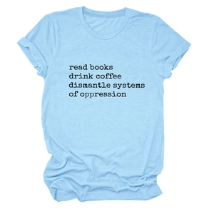 Women's light blue crew neck T-shirt with read books drink coffee print and rolled sleeves