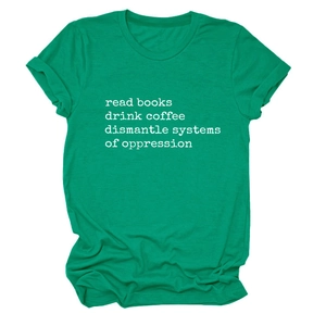 Detail of green cotton T-shirt featuring white slogan text print and round neckline