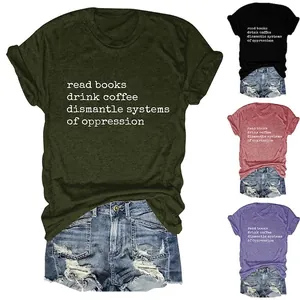 Women Casual Cotton Blend Round Neck T-Shirt Read Books Drink Coffee Letter Print Loose Short Sleeve Summer Basic Top