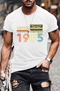 Outdoor street shot of white cotton T-shirt with vintage 1985 cassette tape graphic print