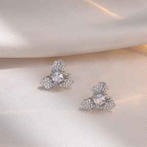 Elegant silver three-leaf flower earrings with micro-paved zircons and square center stone