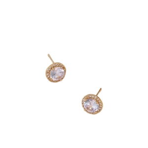 Elegant gold halo stud earrings featuring a one carat round zircon and sparkling accents