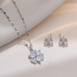 Clover Flower Necklace And Earrings Titanium Steel Zircon Elegant Jewelry Korean Fashion Ins Style For Women
