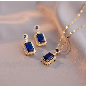 Retro Rechteck Blau Kristall Schmuck Halskette Ohrringe Ring Titanstahl Halo Strass Elegant Damen