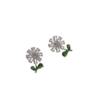 Elegant daisy stud earrings with sparkling cubic zirconia petals and green gem leaves