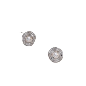 Elegant 925 silver needle pearl stud earrings with zircon wave borders in a luxe design