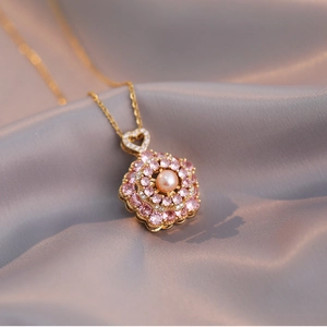 Pink pearl flower pendant necklace with gold chain and heart zircon clasp for women