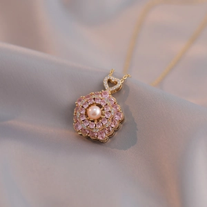 Stainless Steel Necklace With Rotating Pink Zircon Flower Pendant And Freshwater Pearl For Women Heart Jewelry